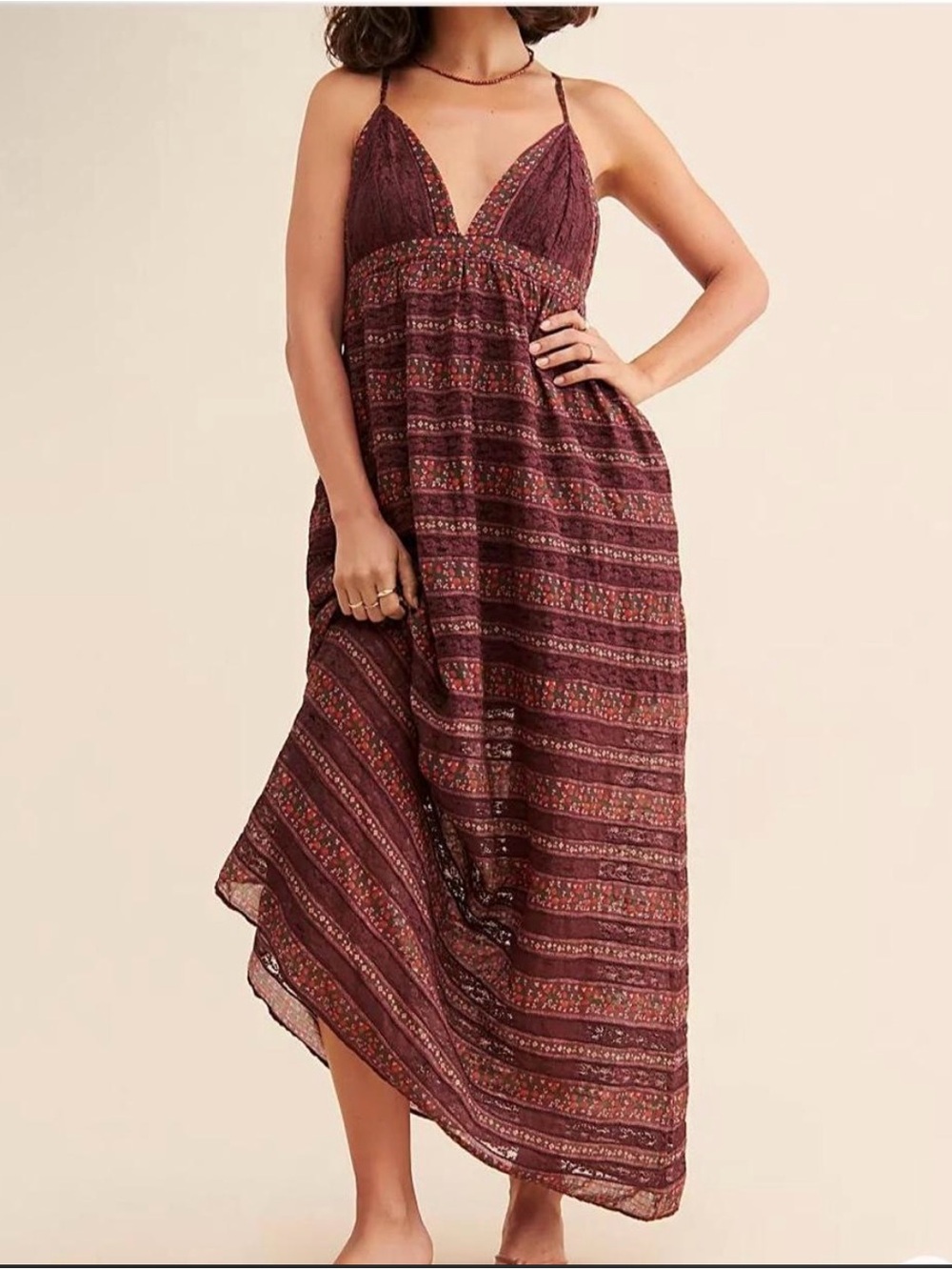 Free People Burgundy Boho Lotus Striped Floral Maxi Dress
